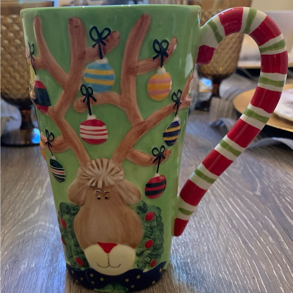 Christmas Mug Embossed Reindeer With Candy Cane Handle